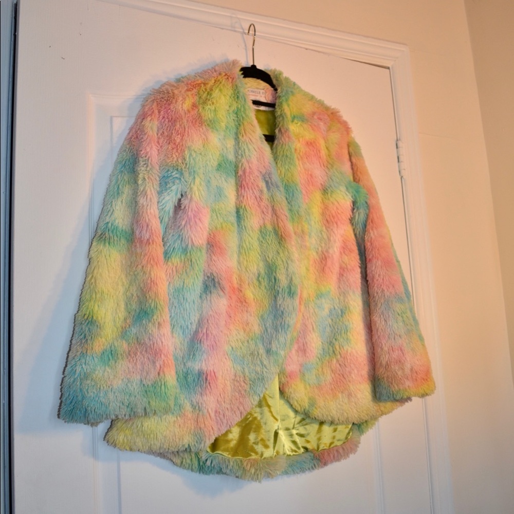 Miracle eye rainbow faux fur rave jacket size M